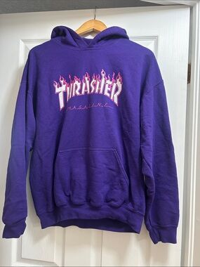 Thrasher Purple Crewneck Hoodie with Pink Flame Logo